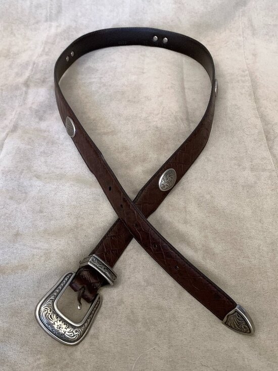 Vintage Accessories - VTG Western Belt 38 Brown Croc Embossed Leather Engraved Concho Coastal Cowgirl